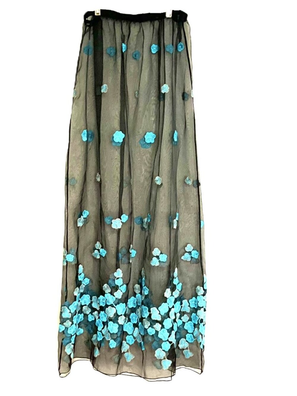 Black Tulle Maxi Skirt with Turquoise Floral Embroidery Size 8 USA